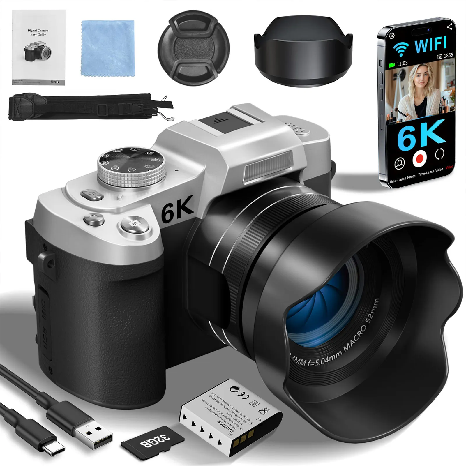 6K Digital Camera for Photography and Video Autofocus Anti-Shake 84MP YouTube Vlogging Camera 3'' 180° Flip Screen with Flash